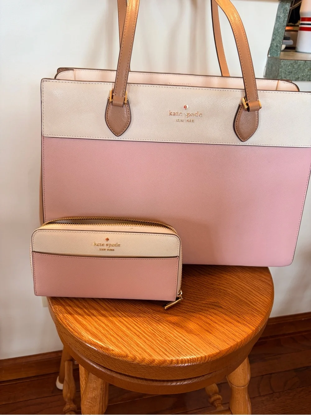 kate spade Pink and Cream Leather Tote with Matching Wallet Set